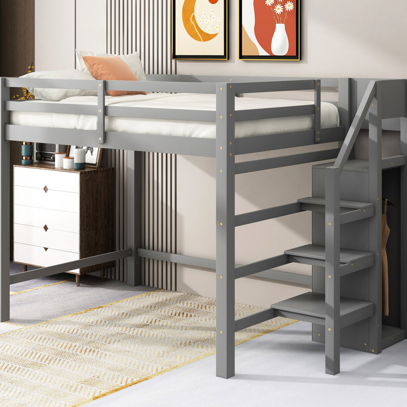 Gray Full Size Loft Bed With Functional Storage And Mounting Options - Space Efficient Bedroom Solution In Built-In For Use