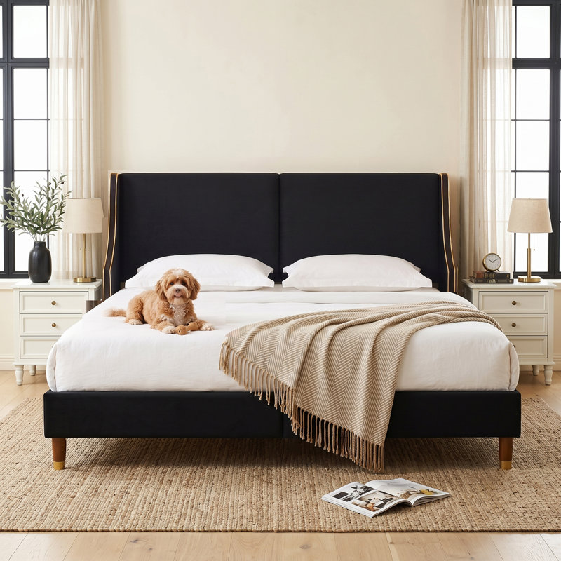 Melaya Wingback Upholstered Platform Bed Frame, King, Black