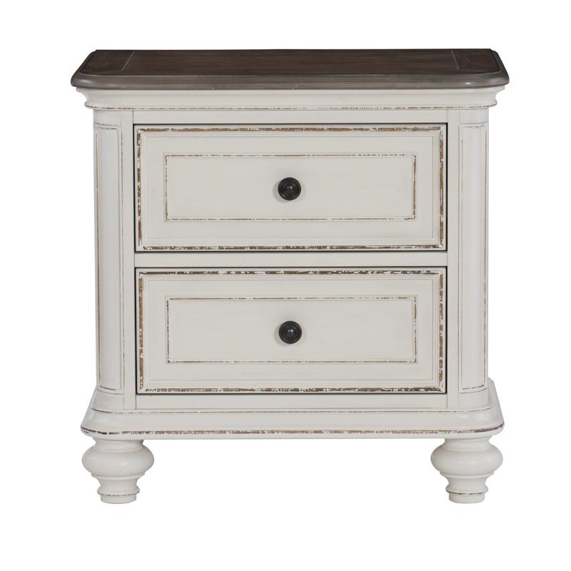 Table de chevet antique blanche avec finition brune et 2 compartiments en bois à des fins décoratives