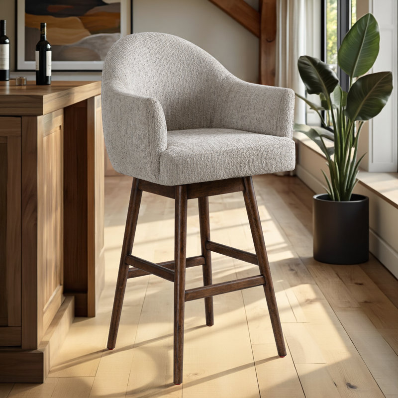 Tabouret de bar pivotant rembourré en bois massif avec siège en tissu Wasserman, Chêne brun, 1