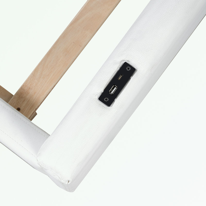 Lit plateforme simple tapissier avec garde-corps et station de charge, Blanc