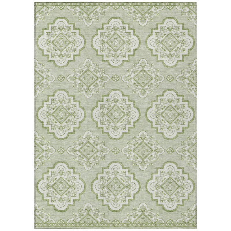 Tapis intérieur / extérieur 5 pi x 8 pi vert et ivoire avec médaillon lavable