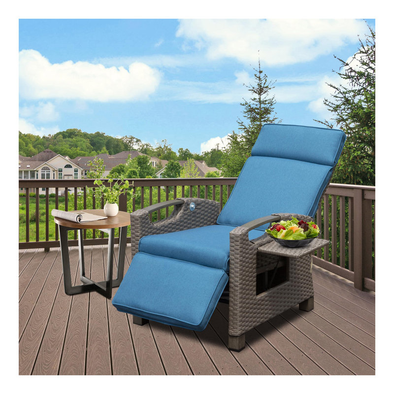 Outdoor Recliner Chair, Patio Recliner With Hand-Woven Wicker, Flip Table Push Back, Adjustable Angle, Thickness Cushions, Reclining Lounge Chair For Indoor And Outdoor,