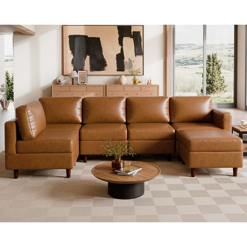 Caynemore 6-Piece 118.5'' Reversible Modern L-Shape Corner Sectional Sofa With Storage Seat- Faux Leather-Brown