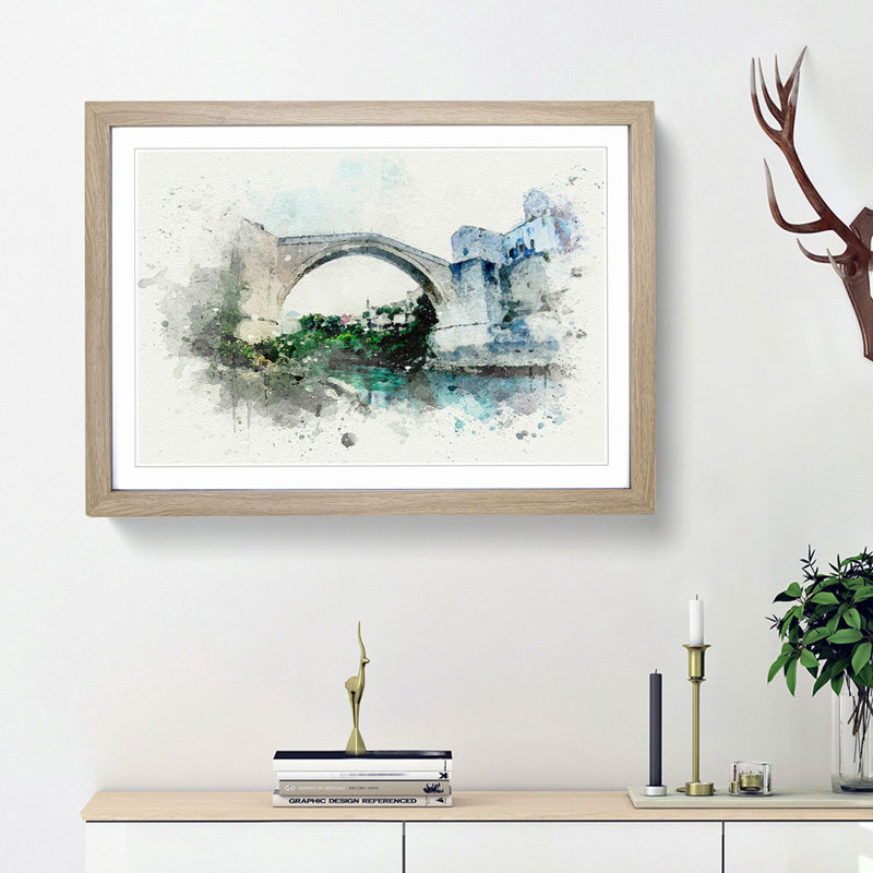 Stari Most Old Bridge in Abstract - Picture Frame Graphic Art Print, 36cm H x 48cm W x 2cm D, Oak Framed
