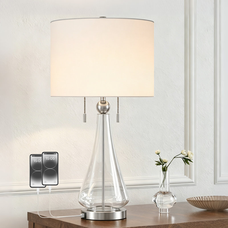  Aadyn 28" Modern Glam Glass Table Lamp USB Charging Pull Chain Soft Lighting for Bedroom Living Room, Polished Nickel