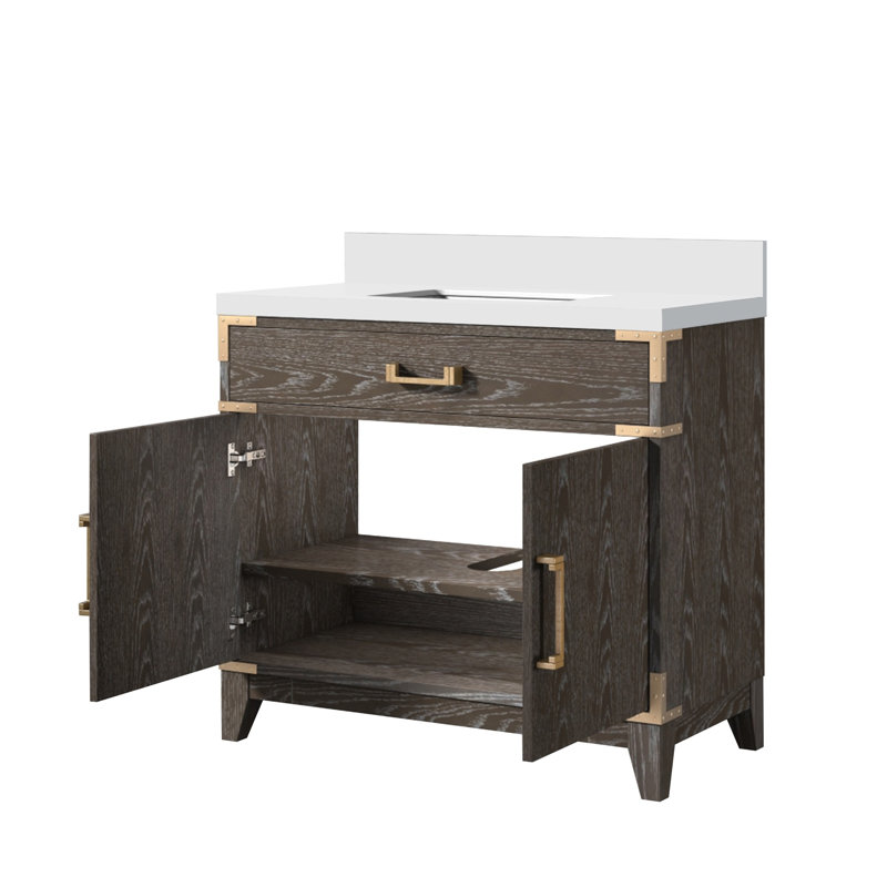 Meuble-lavabo simple en chêne brun l 36 po x P 22 po, avec comptoir en quartz blanc, Brown Oak, 36"