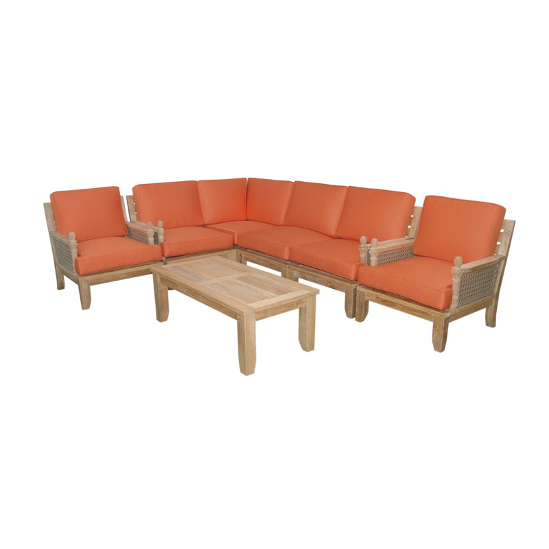 Teak Modular Patio Conversation Set with Sunbrella® Cushions, Table,L-Side,R-side,Middle,Corner, x2 Armchairs