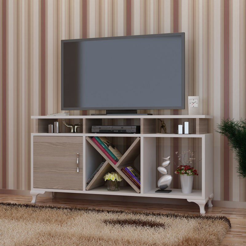 Modern TV Stand with Wall-Mount Option, White & Cordoba Finish, 47.2 x 21.1 x 11.6 inches | 100% Melamine Coated Particle Board, Thickness: 0.7 inches | Multiple Shelves for Storage & Stylish Design