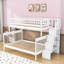 Lit superposé simple au dessus d'un lit double en bois avec escalier de rangement et garde-corps-899844230