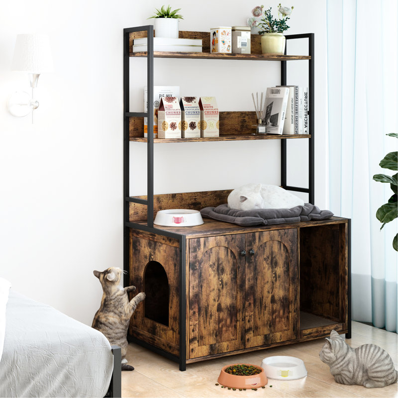 Armoire d'intérieur pour chat avec bac à litière, tablette de rangement et bloc-notes, salle de bain secrète, 2 portes, grande tablette brune, abri, porte cachée,