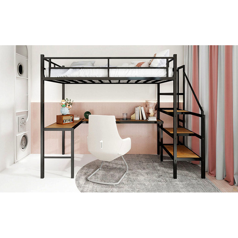 Lit mezzanine avec bureau en forme de L, grand espace de rangement et compartiments de rangement, structure de lit robuste avec escalier, garde-corps continu, peu encombrant, silencieux, pas besoin de ressorts d'éléphant