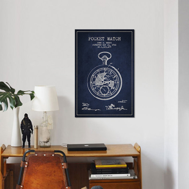 « john a. meroz pocket watch pattern sketch », reproduction d’impression sur toile en bleu marine, Toile tendue, Pas de tapis