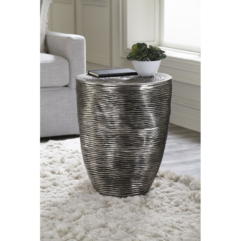 Silver Round Metal Ripple Drum End Table