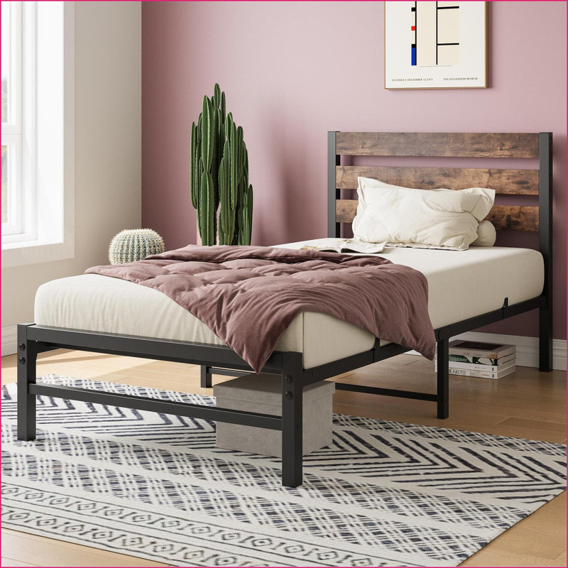 Twin Size Metal Platform Bed Frame with Rustic Wood Headboard, No Box Spring Needed, 300lbs Capacity, Black