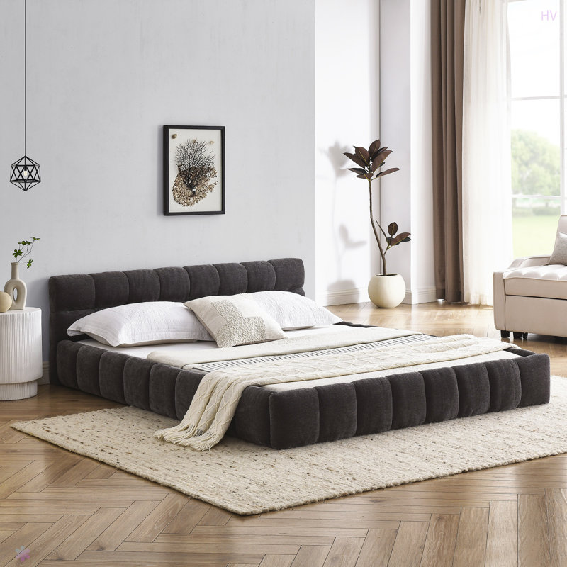 Structure de lit tapissier avec tissu épais, lit plateforme grand format en chenille avec tête de lit et structure solide