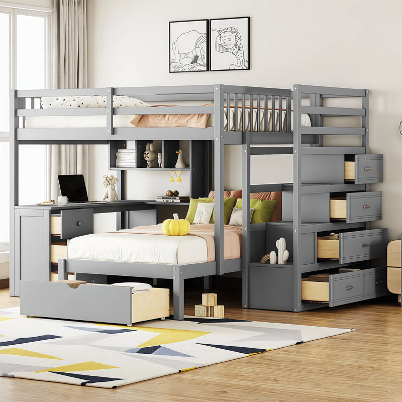 Lit superposé simple au-dessus de simple pour enfant avec bureau, tiroirs de rangement et station d'étude intégrée, escalier avec rangement