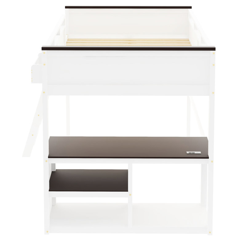 Grand lit mezzanine avec bureau, tablette ouverte et boîte de rangement en bois massif blanc, garde-corps pleine longueur, tablettes pratiques, instructions d'assemblage claires et robustes, mode de vie confortable