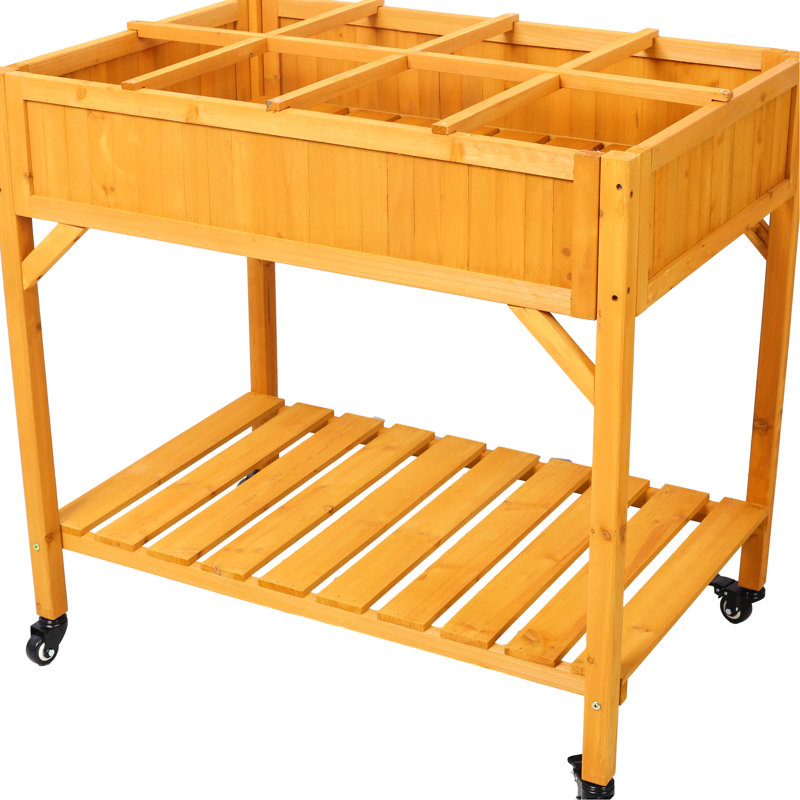 Elevated Herb Garden Bed With Ergonomic Appeal: Mobile Raised Wood Planter Lockable Wheels, Storage Shelf And Drainage Bed: For Herbs, Vegetables, Flowers, Wheels Functional
