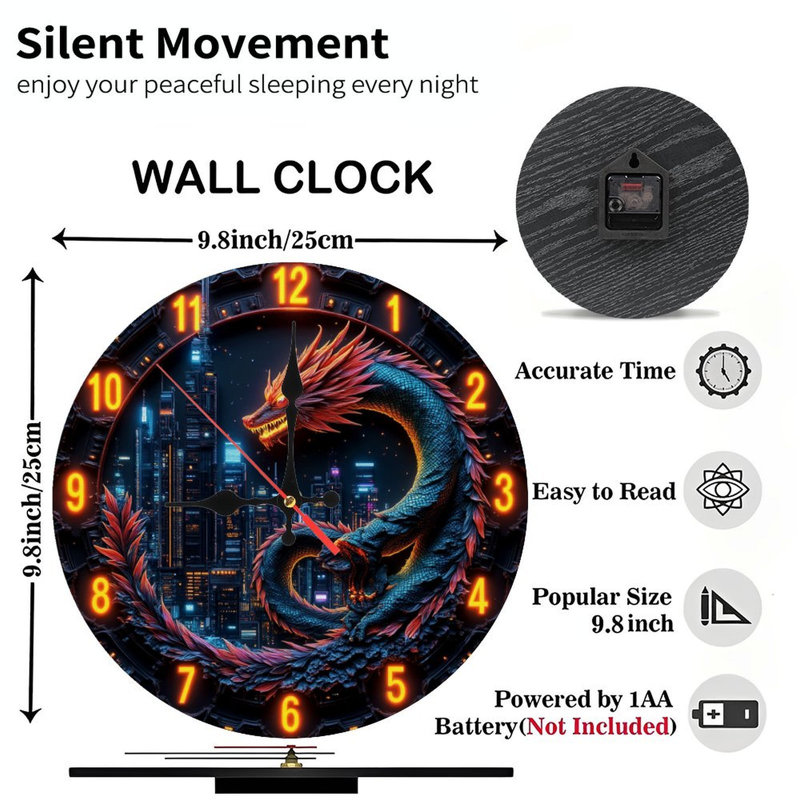 Chinese Dragon Wall Clock with Colorful Night City