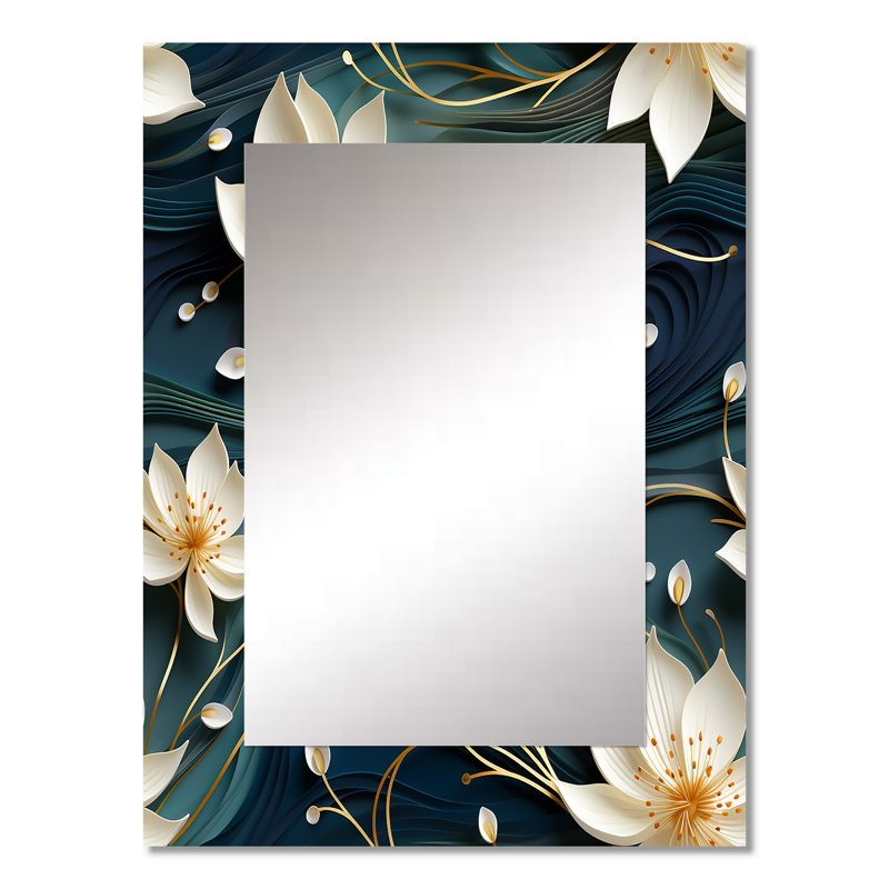 Patmar blanc et doré, lotus zen tranquille - miroir décoratif botanique, miroir mural bohème, impression d'art en métal