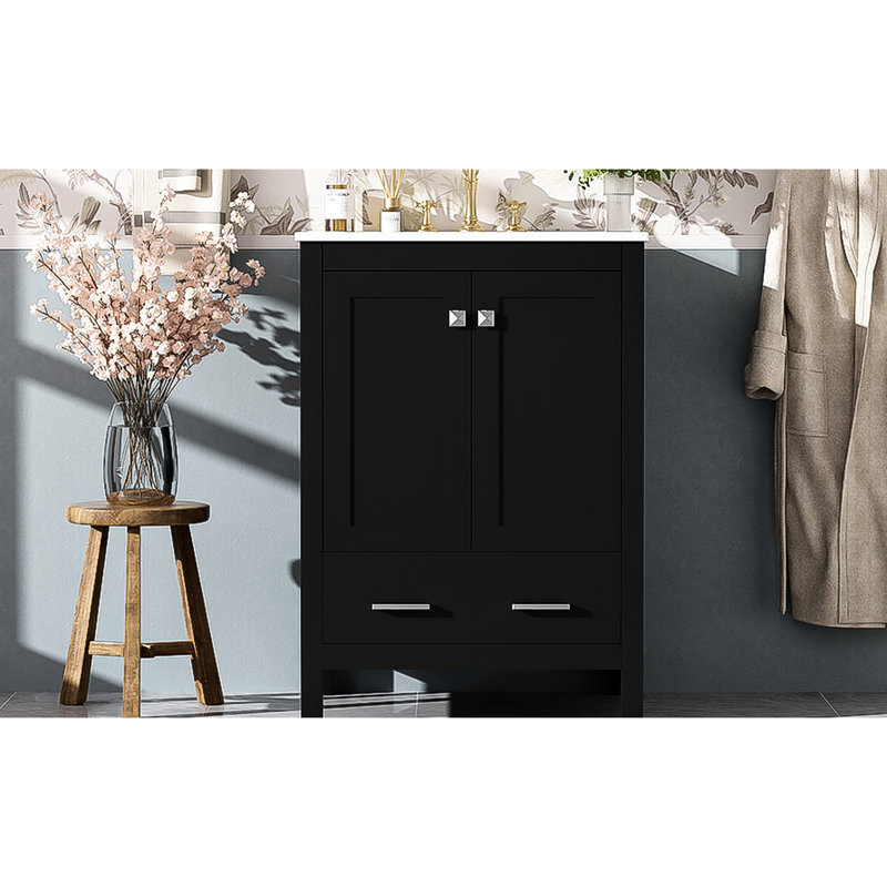 24 - Inch Bathroom Cabinet With Single Ceramic Sink, Double Doors, Drawer, And Soft Close Design For Compact Spaces Vanity Integrated Undermount Layer Shelf Small Storage