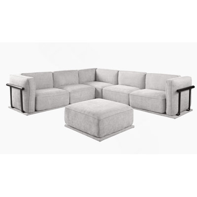 6-Seater   Modular Fabric Sofa, Including A Corner Module And Multiple Independent Seating Areas, Paired With Square Ottomans Of The Same Material.