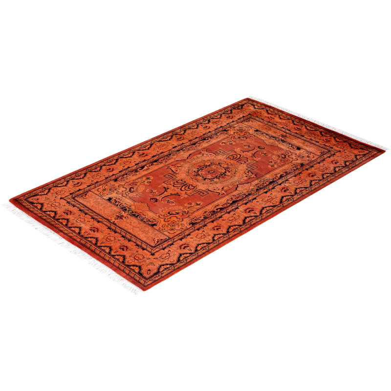 Burnt Orange Hand-Knotted Wool Floral Motif Area Rug