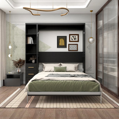 Grand lit escamotable, lit escamotable avec tablettes de rangement et tiroirs, cadre de lit mural avec pieds automatiques pour appartement de chambre à coucher, noir