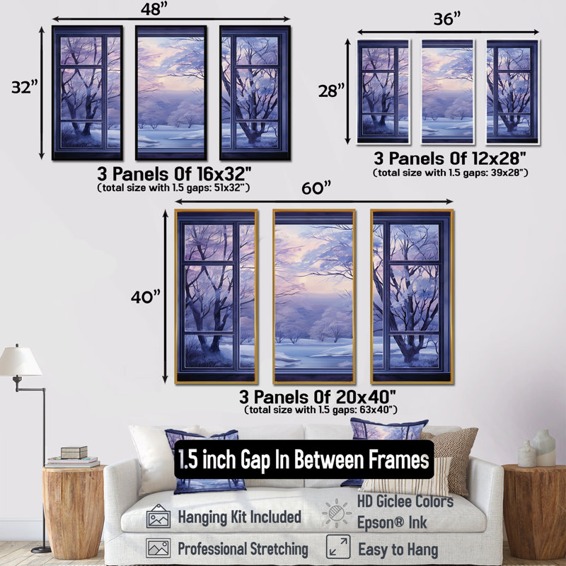 «Purple River Winter Windows IV - Winter Landscape», art mural, H 28 po x l 36 po x P 1 po, Cadre flottant blanc