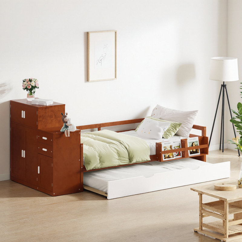 Lit simple peu encombrant avec lit gigogne, bibliothèque intégrée et garde-robe mobile - solution de rangement tout-en-un, noyer