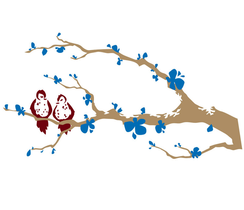 Décalcomanie murale branche arbre love oiseaux, Bleu / bourgogne, H 21 po x l 40 po x P 0,01 po