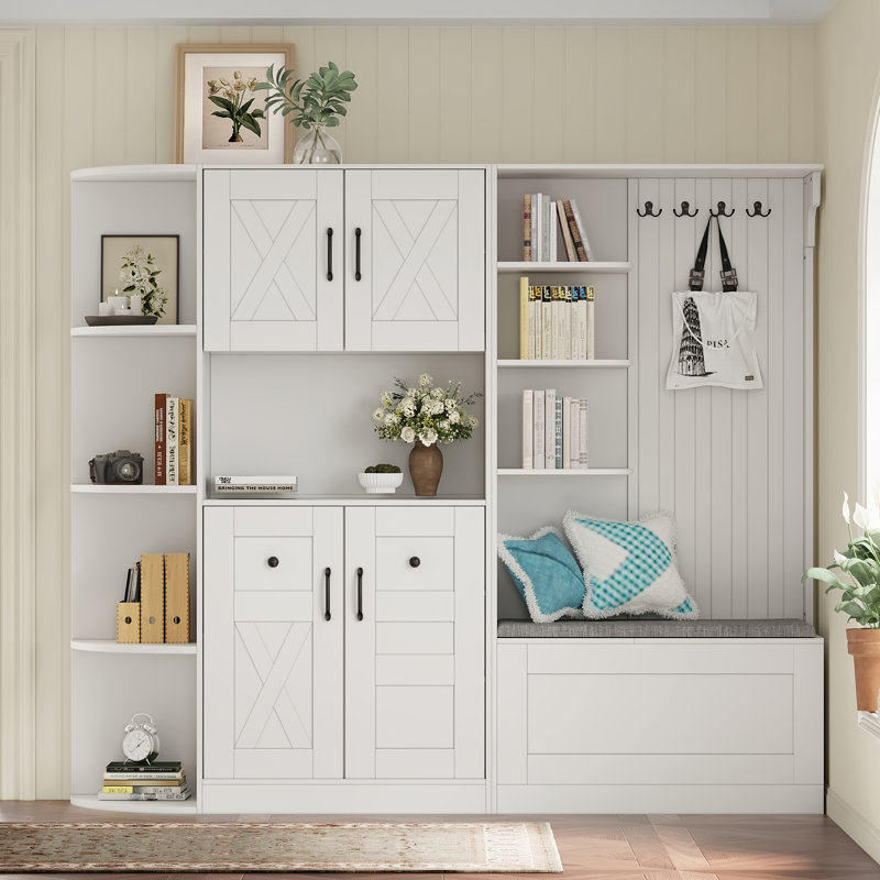 2-Piece Entryway Hall Tree Storage Cabinet with 4 Hooks, Reversible Left/Right Combo, Freestanding Set, Antique Blue, White