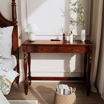 Wexford Collection Solid Wood Writing Desk with 2 Drawers, Traditional Console Desk and Vanity Table for Small Spaces, Narrow Home Office Desk with Storage, Walnut Brown