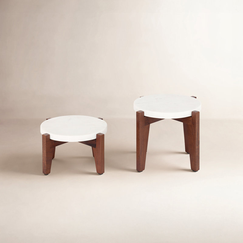 Durham 2 Piece Round Plant Stand Set, White/Walnut
