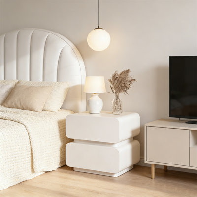 Table de chevet douce et arrondie blanc crème, table de chevet sans tiroir à 2 tiroirs, armoire de rangement moderne pour la chambre à coucher, décoration boho et minimaliste