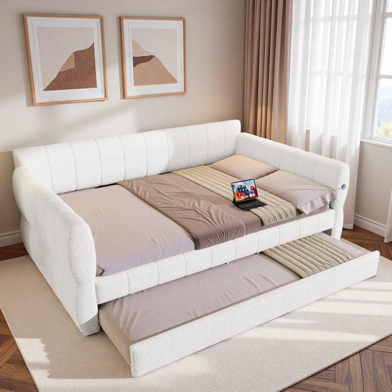 Upholstered Daybed With Usb And Trundle, White