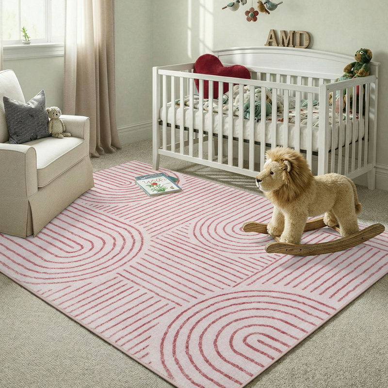 Celeta Washable Abstract Japandi Rainbow Striped Pink Area Rug - Colorful Modern Carpet for Living Room, Bedroom, Nursery or Play Room