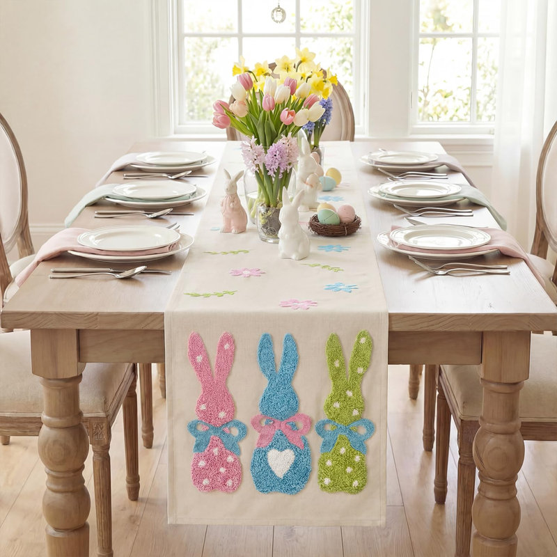Pink Blue Green Soft Chain Embroidery Rabbit Bunny Happy Easter Table Runner Spring Kitchen Dining Decor 1 Piece