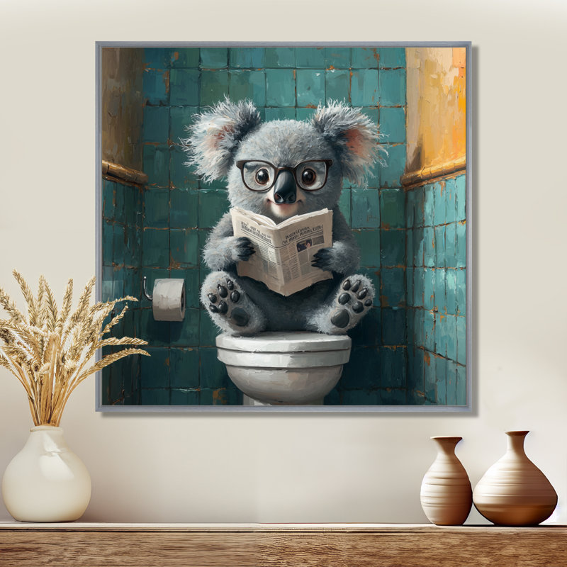 Keala Koala avec des lunettes dans la toilette II - koala grand art mural, H 16 po x l 16 po, Impression encadrée flottante