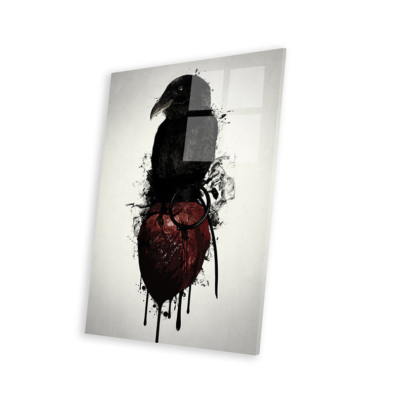 Raven et cœur grenade, reproduction sur verre acrylique, H 24 po x l 16 po x P 0,25 po
