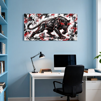 Animaux, panthère noire avec accents rouges et fond abstrait