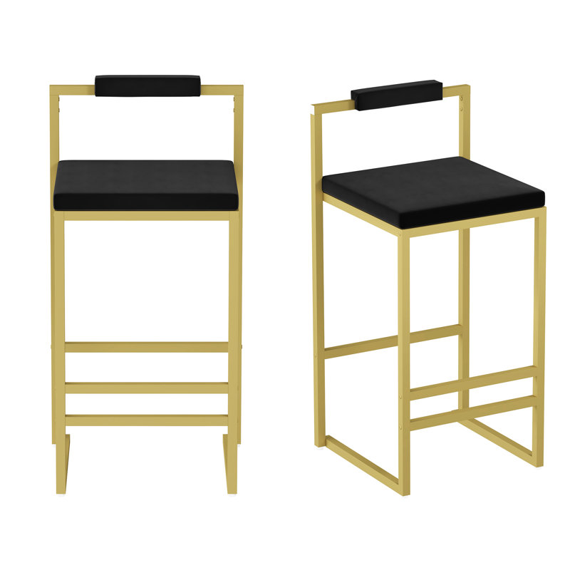 Tabourets de bar modernes en velours noir et or à hauteur de comptoir, bas, de 2, et confortables, Doré, Noir