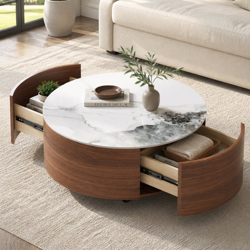 Table basse ronde moderne et mobile avec roulettes, 2 tiroirs et plateau en pierre frittée, Walnut