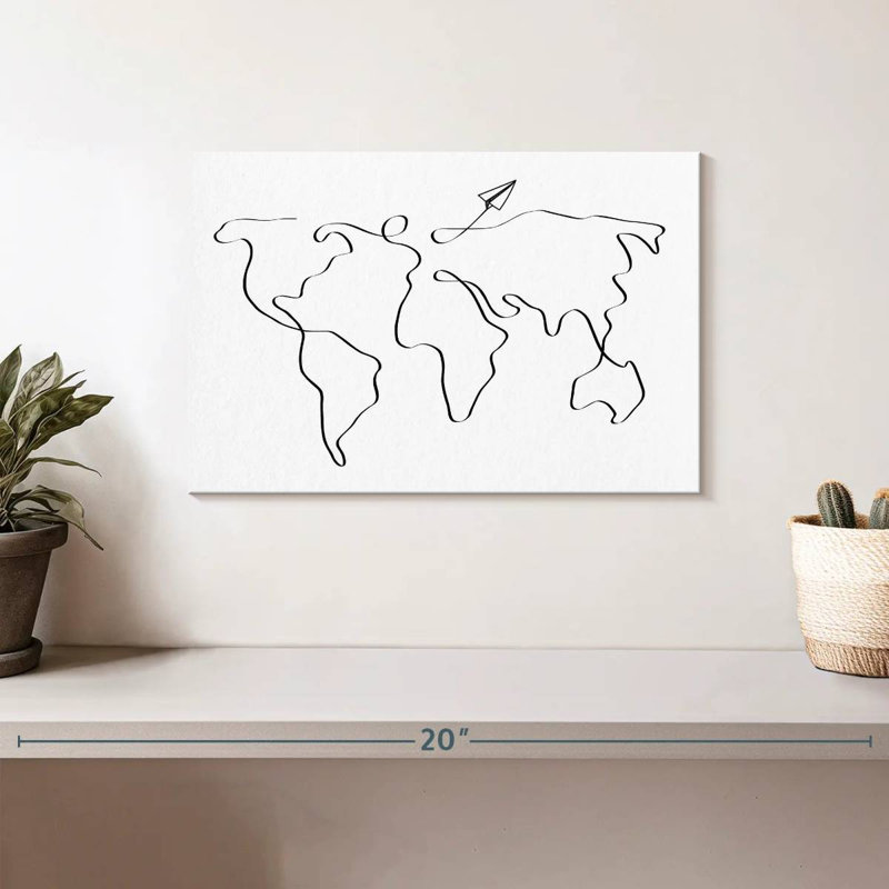 Carte du monde sur une ligne - impression sur toile tendue, H 8 po x l 12 po x P 1 po