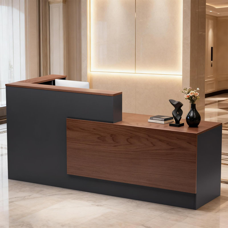 L-Shaped Reception Desk with Lockable Drawers and Storage Shelves, Multi-Functional Computer Desk for Office