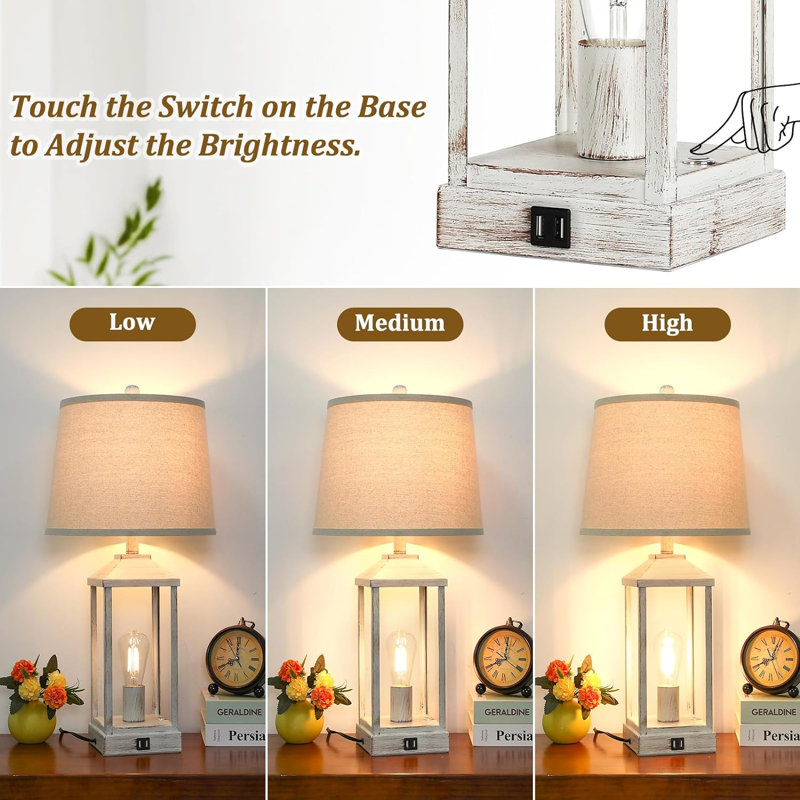 28" White Rustic Farmhouse Table Lamps Set with USB Ports