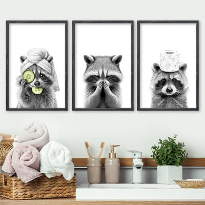 Set Of 3 Raccoon Bathroom Wall Art