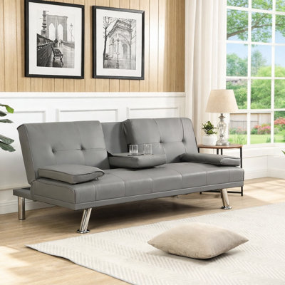 Sofa Bed With Armrest Two Holders WOOD FRAME, STAINLESS LEG, FUTON WHITE PVC