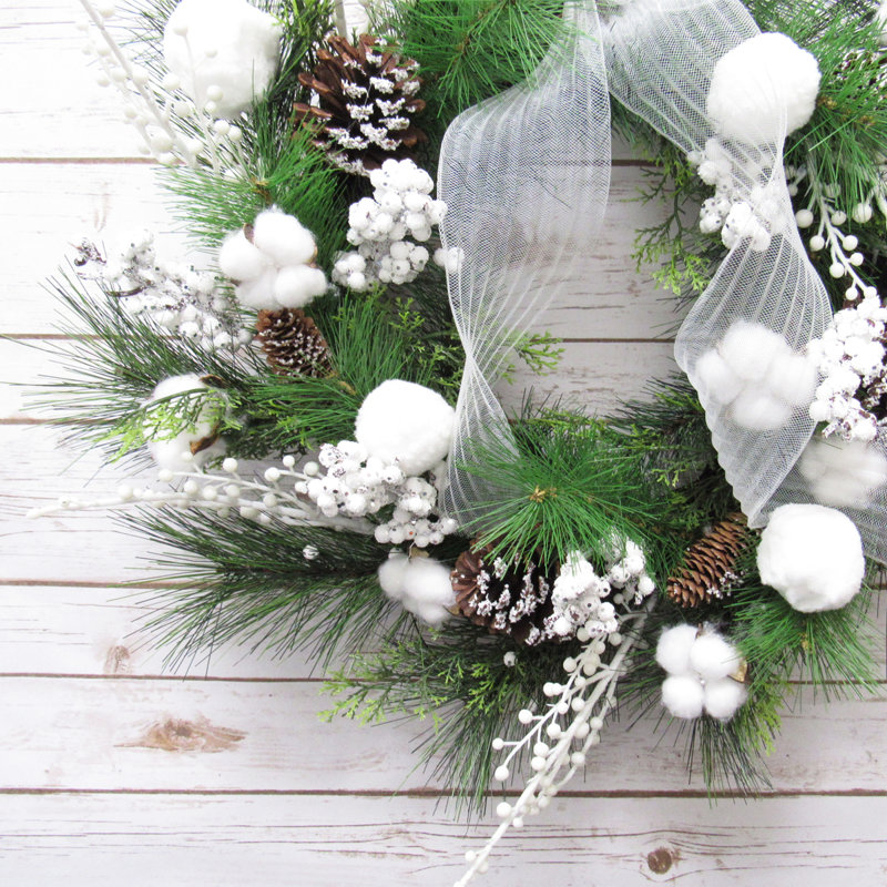 24" Frosty Cotton Berry Pine Cone Wreath